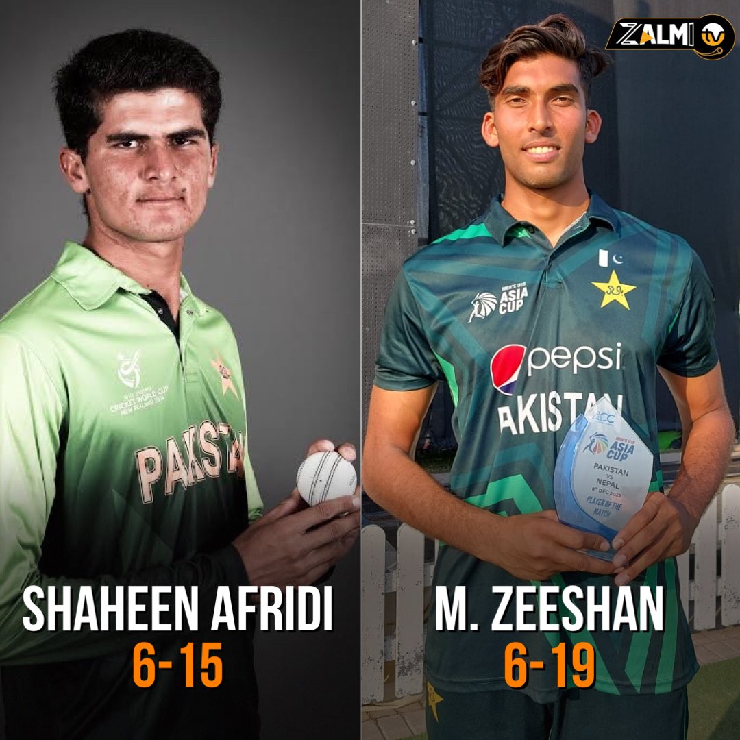 zalmitvlive's tweet photo. After Shaheen Afridi’s 6-15, Muhammad Zeeshan achieved the second-best bowling figures for Pakistan U19 in youth ODIs with an impressive 6-19 against Nepal.
#ShaheenAfridi #MuhammadZeeshan #U19AsiaCup #PakistanCricket #ZalmiTV https://t.co/EH64GoUzzi