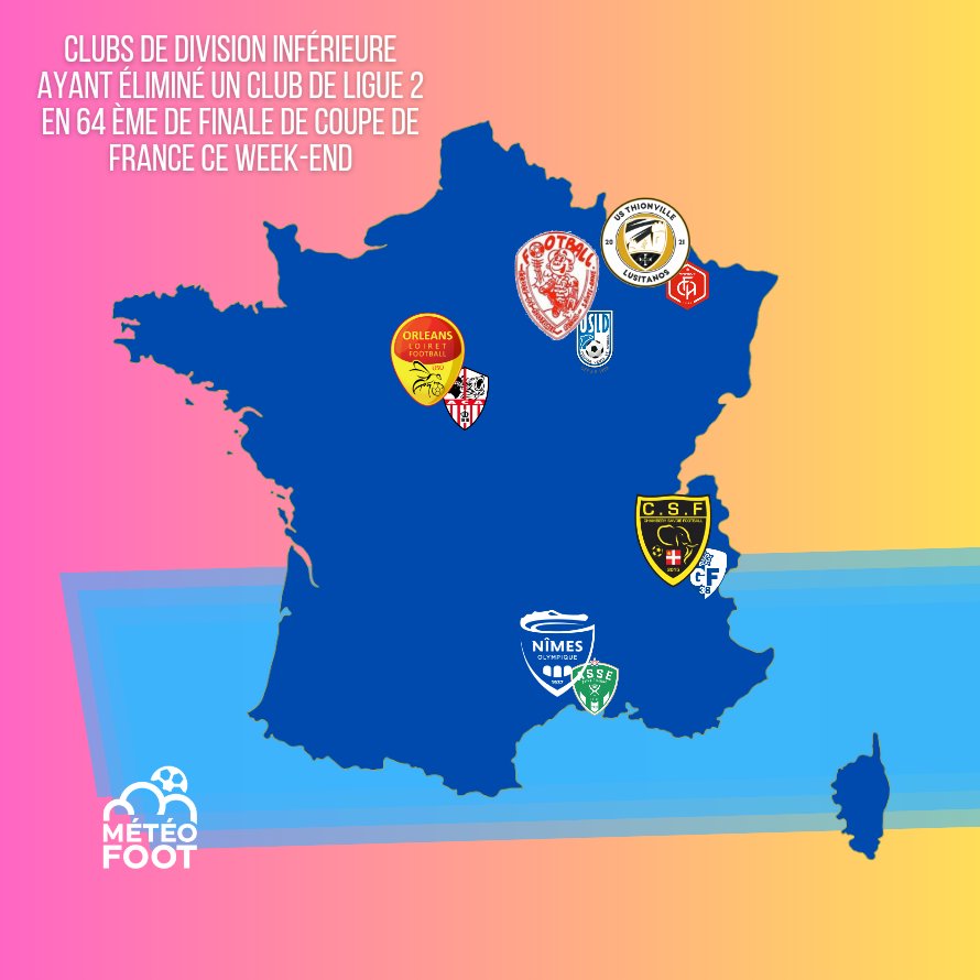 ☀️ La lumière sur CES CLUBS !

..SI votre CLUB est PRÉSENT sur cette carte c'est qu'il a, hier, ÉLIMINÉ un club de #Ligue2 en 64ème de finale de la #CoupedeFrance alors qu'il évolue dans une DIVISION INFÉRIEURE d'au moins 1 niveau !

👏 Reims Sainte-Anne, Thionville Lusitanos, US