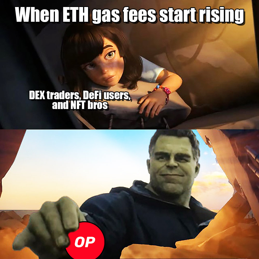 OptimistMage's tweet photo. With the bulllrun, NFT szn, alt szn and airdrop szn looming across the horizon, what L2 are you gonna be on to save your precious ETH? https://t.co/tEuP2ShVXx