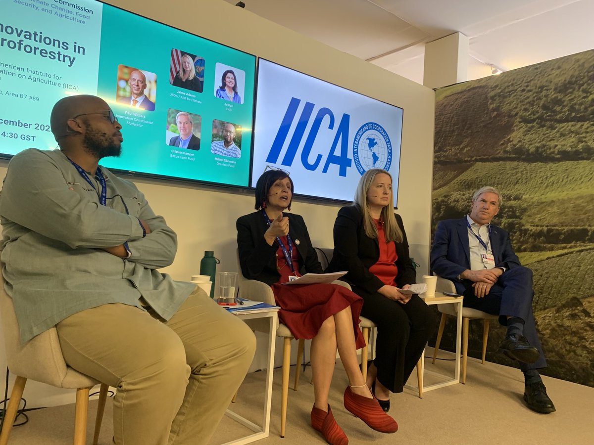 Thank you to the panel on #agroforestry now at #IICAinCOP28 pavilion - ⁦@BezosEarthFund⁩ Christian Samper ⁦@AIMforClimate⁩ Jaime Adams ⁦@OneAcreFund⁩ Milindi Sibomana & ⁦@IFAD⁩ Jo Puri - investing in forests & people for #mitigation & #foodsecurity #COP28