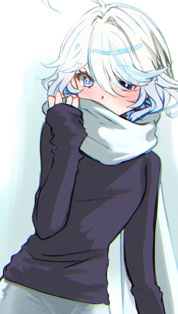furina (genshin impact) scarf solo white hair blue eyes blush 1girl ahoge  illustration images