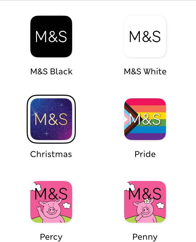 BDubleYou's tweet image. I’m thinking about joining the Dull Man’s Club, but before I do I just wanted to thank @marksandspencer for putting ME in control. If I want to, I can change the app icon back to the original black one, from the current Christmas one, or even choose Percy Pig. I’m #madeup