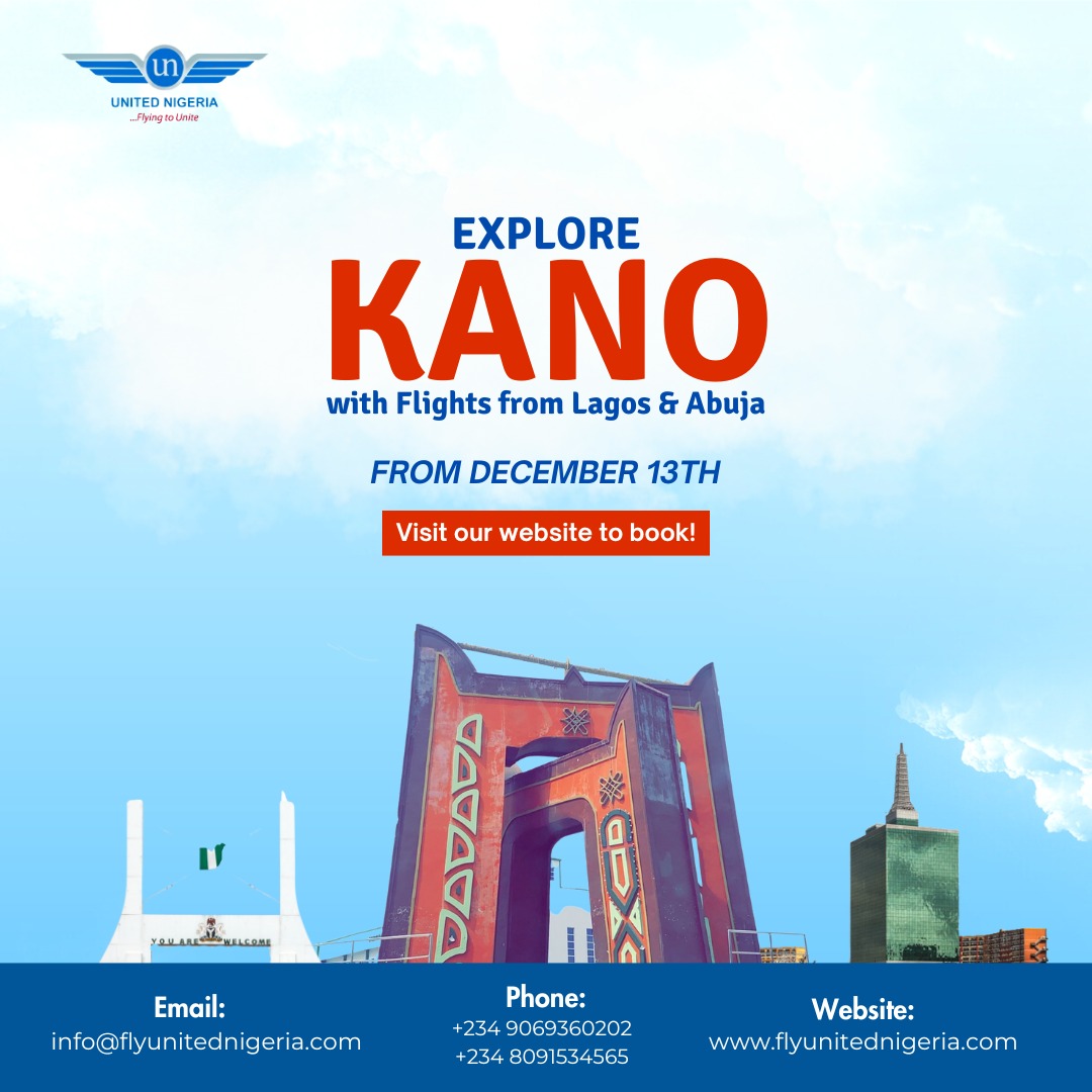 flyunitedng's tweet photo. Join us on our inaugural flights to Kano!
Reserve your seats now at the link in bio!
#UnitedNigeriaAirlines #FlyUnitedNigeriaAirlines #FlyingToUnite #AMoreRewardingWayToFly #Flyhome #christmas2023 #kano #flightstokano https://t.co/9mEeWKTVFc