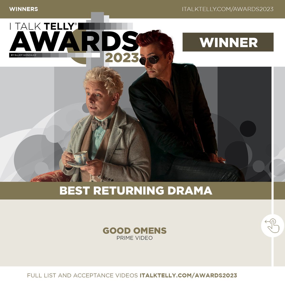 ✨ Congratulations to #GoodOmens for WINNING Best Returning Drama at this year’s #ITalkTellyAwards ✨#GoodOmens2 Full list of winners and acceptance videos, here: italktelly.com/awards2023