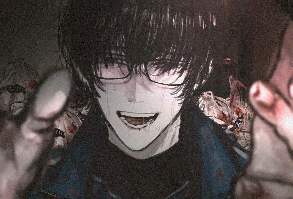 glasses male focus 1boy black hair solo open mouth looking at viewer  illustration images