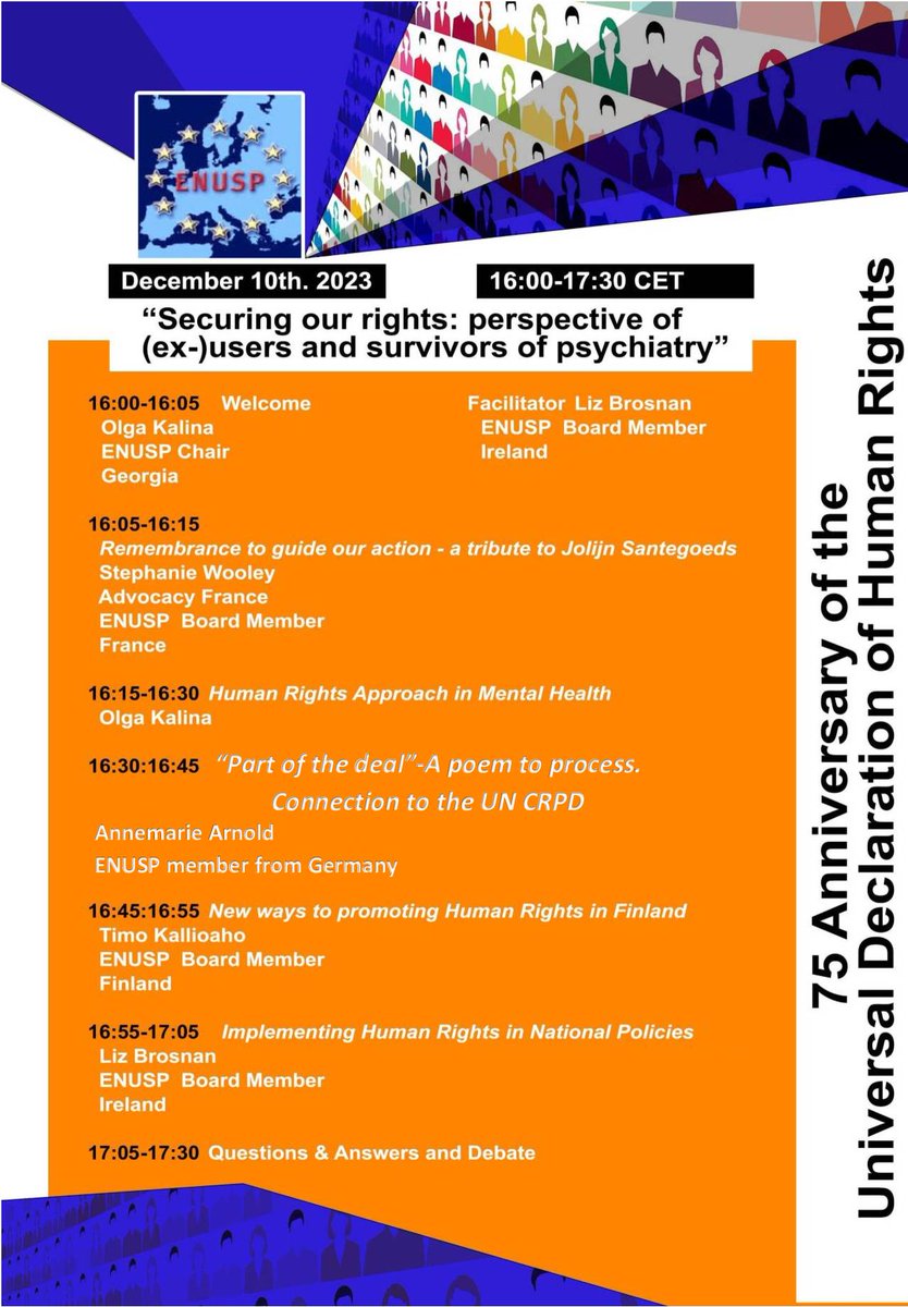 ENUSP webinar devoted to 75th Anniversary of UDHR: "Securing our rights: perspective of (ex-)users and survivors of psychiatry", today 4 CET, free to attend. us02web.zoom.us/j/89227301669  #humanrights75 #Act4RightsNow