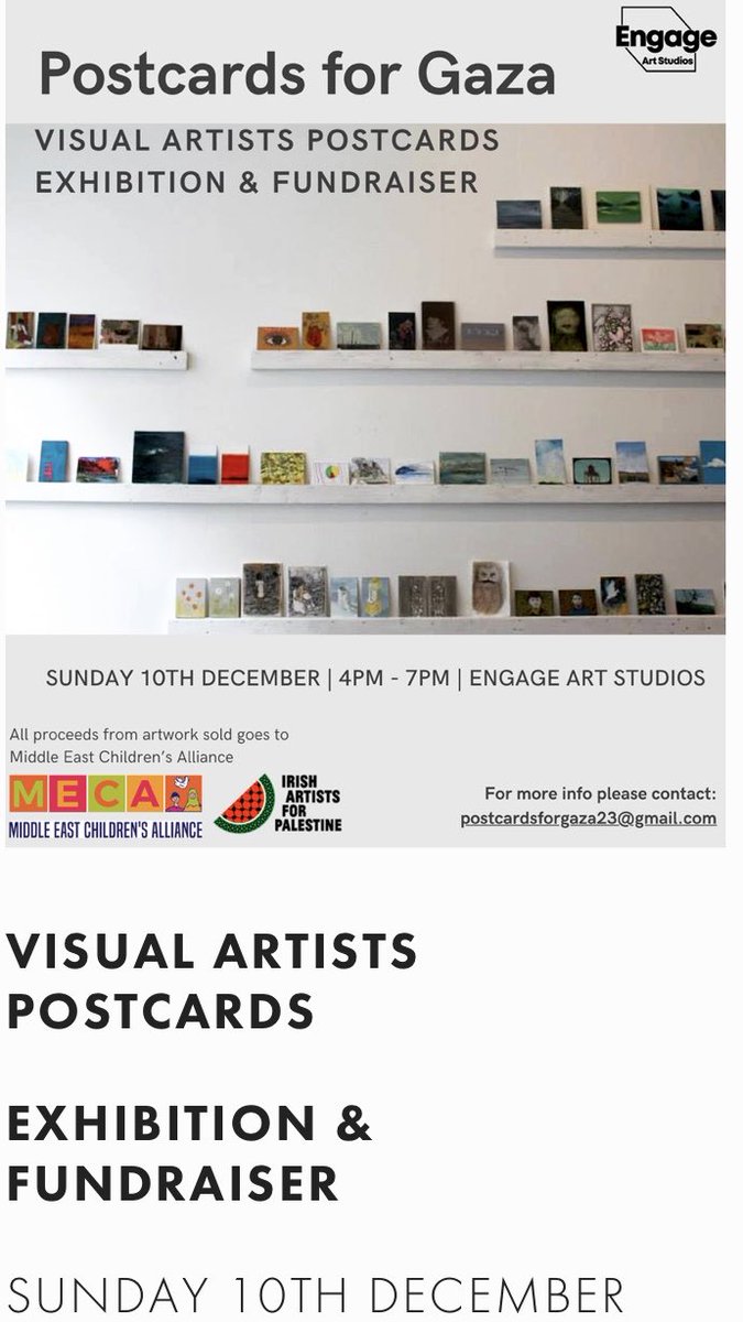 Noelle Gallagher (@noellegallagh10) on Twitter photo Postcards for Gaza fundraiser <a href="/EngageArtStudio/">Engage Art Studios</a> today 4 - 7 pm
Beautiful original artworks for sale from €20, all proceeds to Middle Eastern Children’s Alliance. #salthill #galway #irishart #artcollector #gaza Postcards for Gaza fundraiser <a href="/EngageArtStudio/">Engage Art Studios</a> today 4 - 7 pm
Beautiful original artworks for sale from €20, all proceeds to Middle Eastern Children’s Alliance. #salthill #galway #irishart #artcollector #gaza