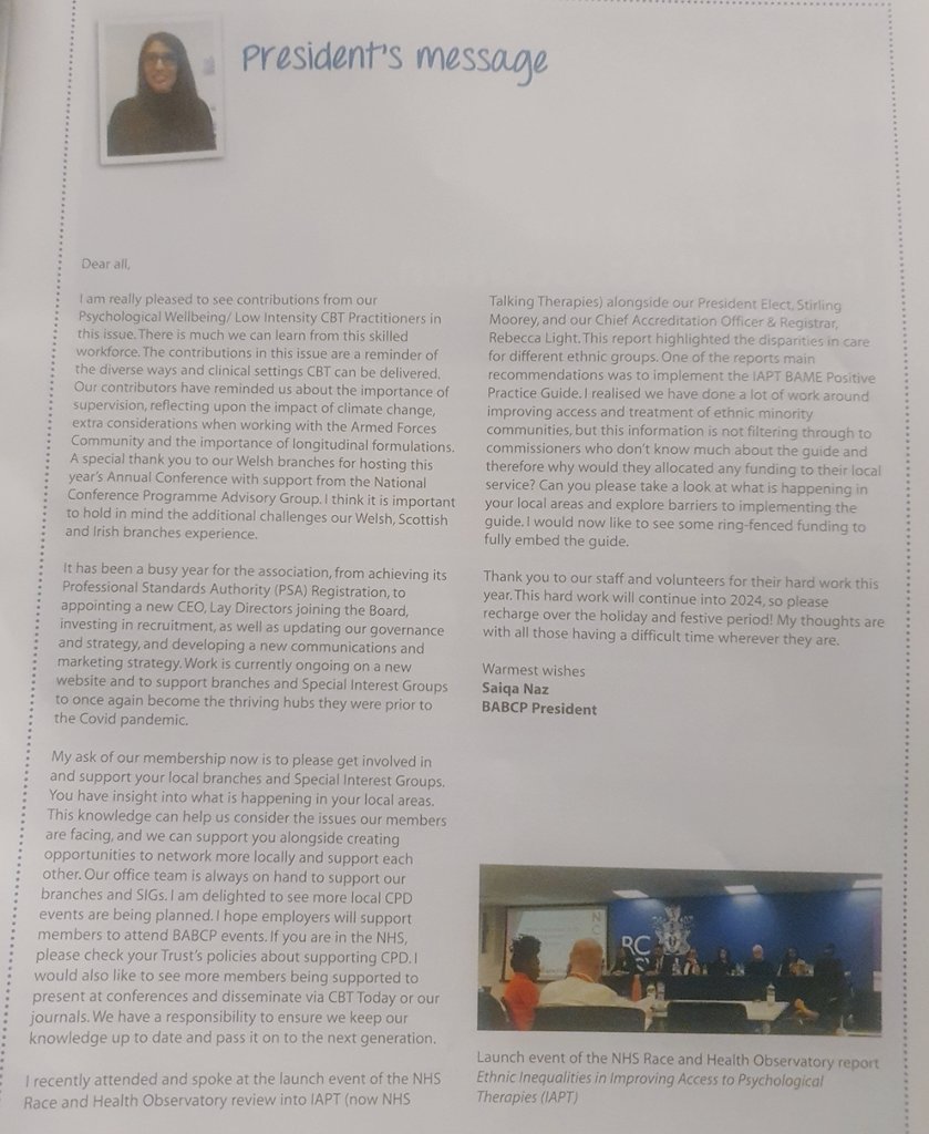 My end of year President's message for our wonderful <a href="/BABCP/">BABCP</a> members.

I would also appreciate employers supporting our members to be involved in their local branches and Special Interest Groups alongside attendance at events- we have work to do! 👇

<a href="/IABCP_CBT/">IABCP</a>