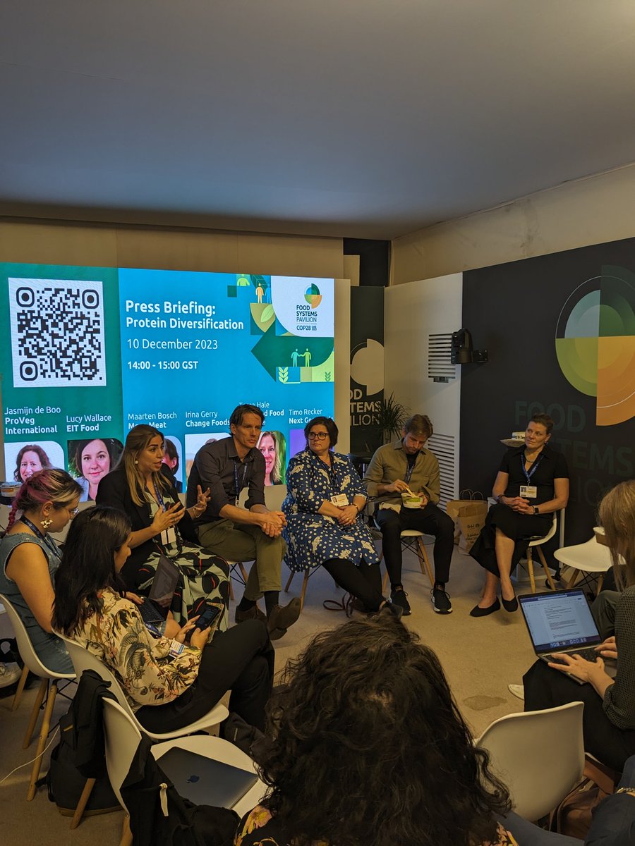 ActionOnFood's tweet photo. Happening now: Press briefing on protein diversification at the Food Systems Pavilion featuring @EITFood @ProVeg_Int @MosaMeat @GoodFoodEurope @nextgenfoods @ChangeFoods.
#ActionOnFood #COP28 https://t.co/qrszshtqCx