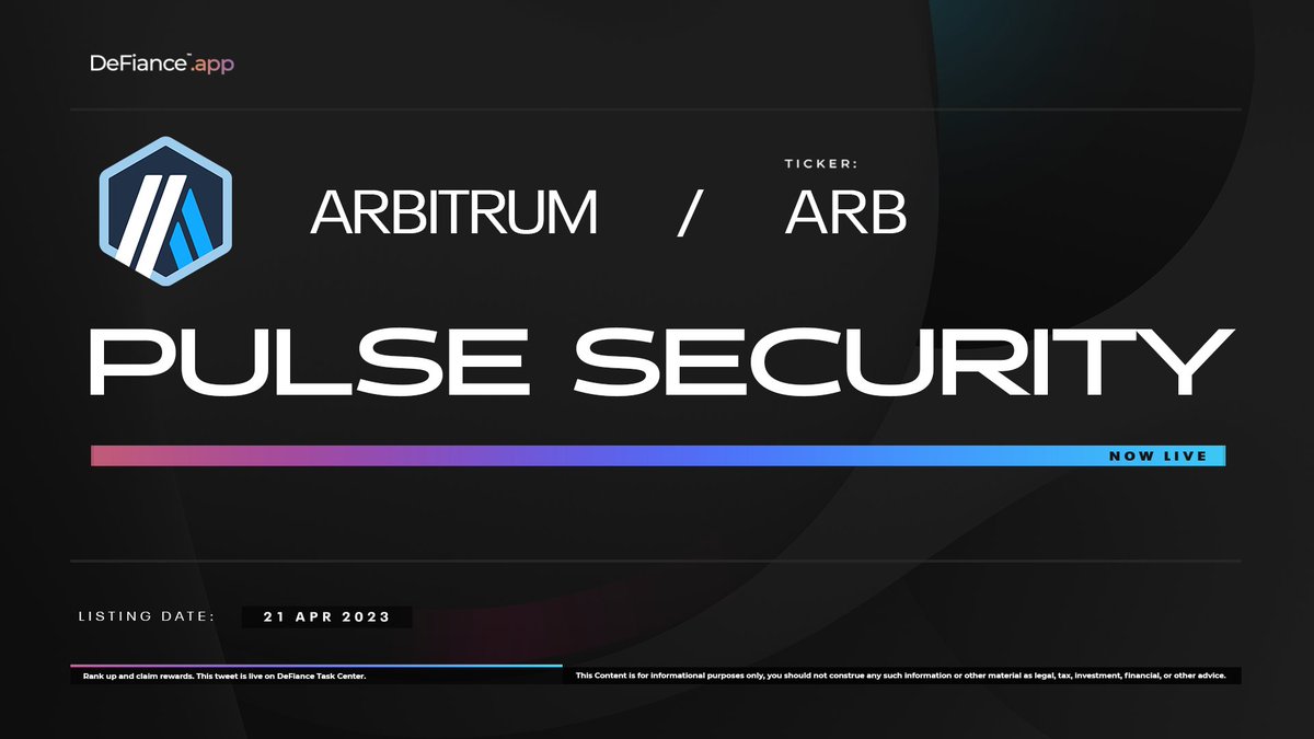 DeFiance_App's tweet photo. .@arbitrum Pulse Security is now live on https://t.co/WyZVXtdWQe. 

#Pulse collects carefully analyzed data from protocols, our partners and Divine DeFiants to assess the strengths and weaknesses of a protocol. 

Review-to-Earn: https://t.co/0gwuUbkeXm.
$ARB #DeFianceApp https://t.co/cJ37uHguDa