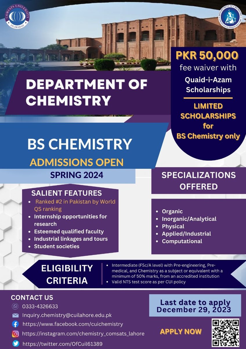 AeyzaKashif's tweet photo. Exciting news for science enthusiasts! 🌈 Comsats Lahore is introducing BS Chemistry.
COMSATS UNVEILED BS CHEMISTRY
#ComsatsLhr
#BschemJourney https://t.co/CmaGtBQXn4