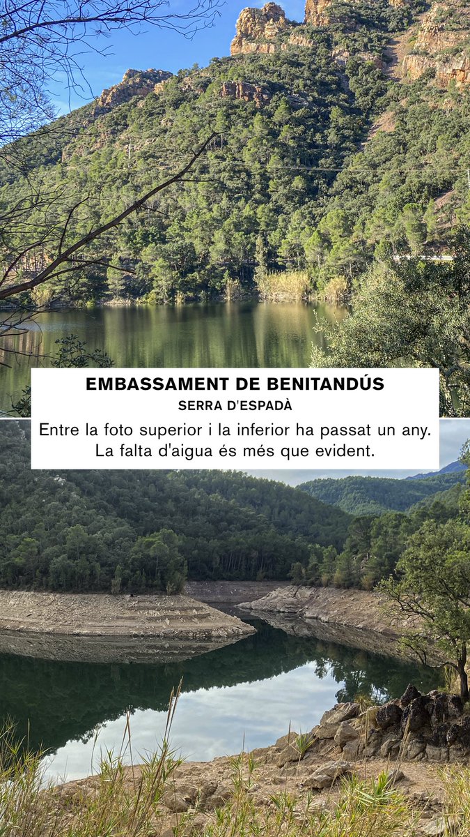 La primera foto la vaig fer el dia 23/12/22.

La segona foto la vaig fer ahir, 09/12/23.

#CanviClimàtic #Sequera #Benitandús #SerraEspadà
