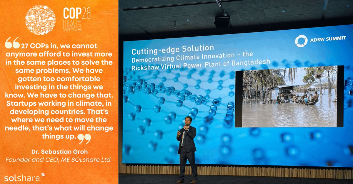 Dr. <a href="/groh_me/">Sebastian Groh</a>  at the #ADSWsummit at #COP28UAE,
cited the example of SOLshare’s Virtual Power Plant (VPP) in Bangladesh, and stated that countries that bear the highest brunt of climate change often come up with the best innovative solutions to these challenges.🛺☀ <a href="/ADSWagenda/">ADSW</a>