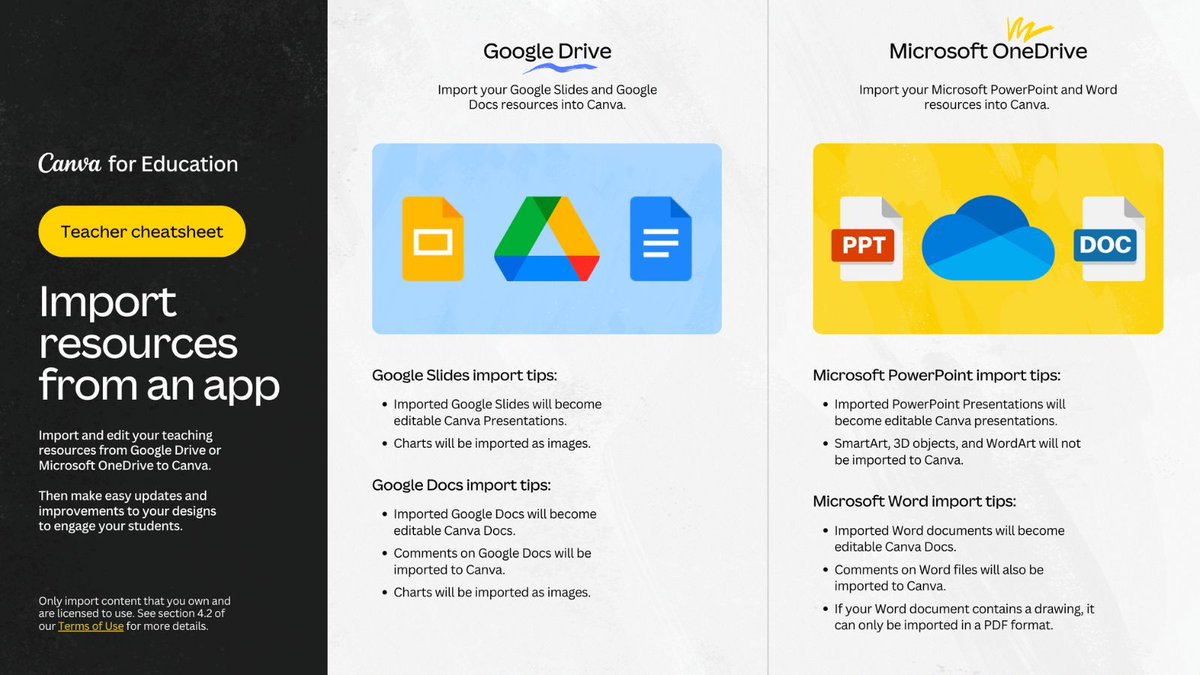No more download, upload, download, upload! Use this cheatsheet to learn how to connect to your Google Drive or OneDrive so you can easily import resources from the cloud to your @canvaedu project folders.