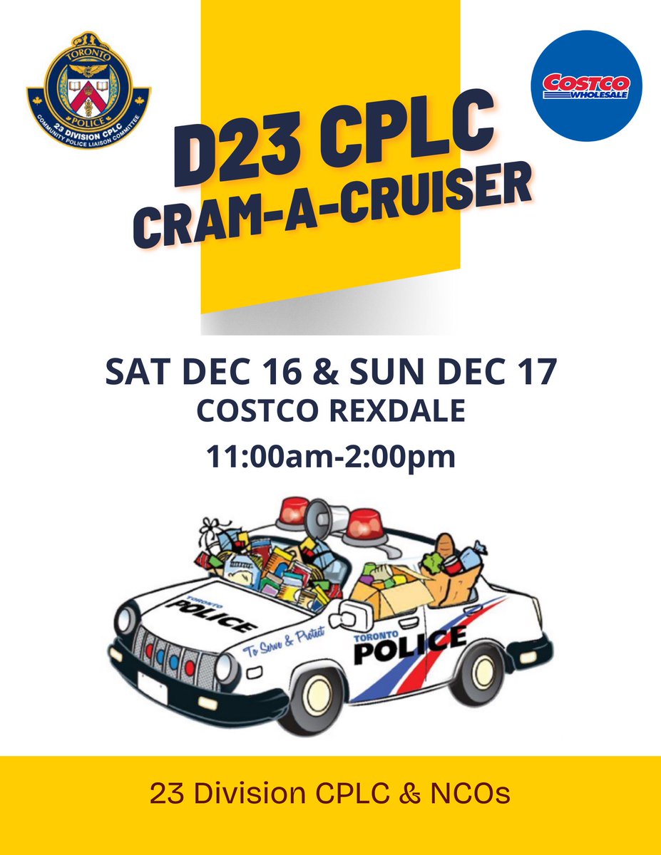 This weekend “help the next one in line”🎶. Support our cram-a-cruiser event at Costco (Rexdale) supporting your local food bank. 🚔 🎄 #iykyk