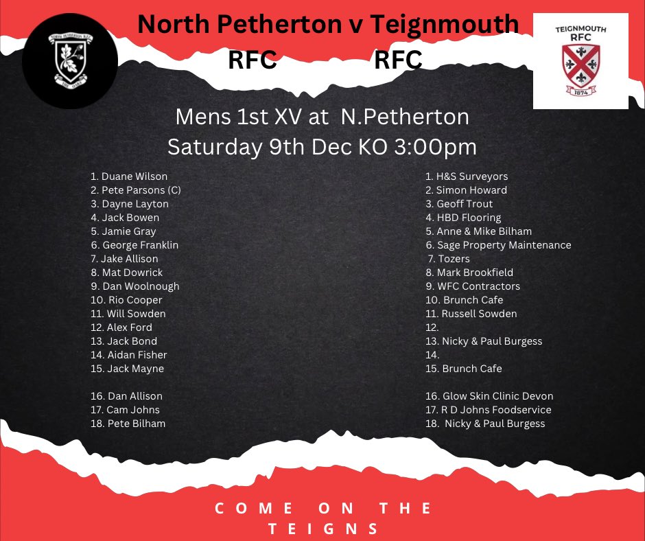 📣 1st Team Sheet 📣

playing away this Saturday against North Petherton RFC, note KO is at the time of 3pm if you are going up to watch them.

There will be a coach travelling up, leaving clubhouse at 12 noon, don’t be late 😃.

⬛️⬜️🟥