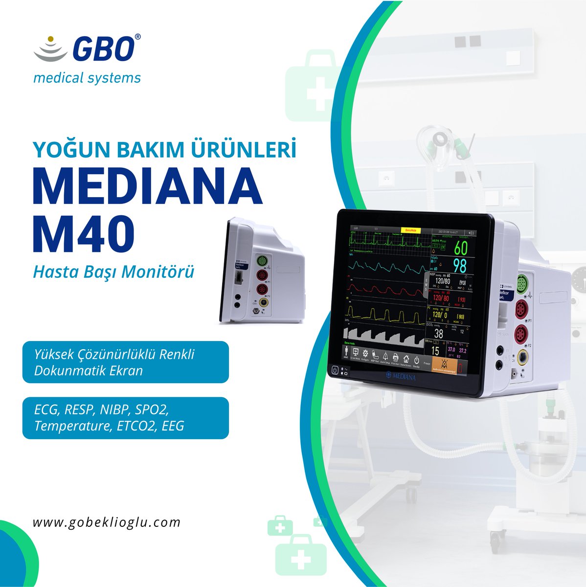 Mediana M40
Hasta Başı Monitörü
-Yüksek Çözünürlüklü Renkli Dokunmatik Ekran
-ECG, RESP, NIBP, SPO2, Temperature, ETCO2, EEG

#gbo #gobeklioglumedikalsistemler #medikalsistemler #medicalsystems #yogunbakım