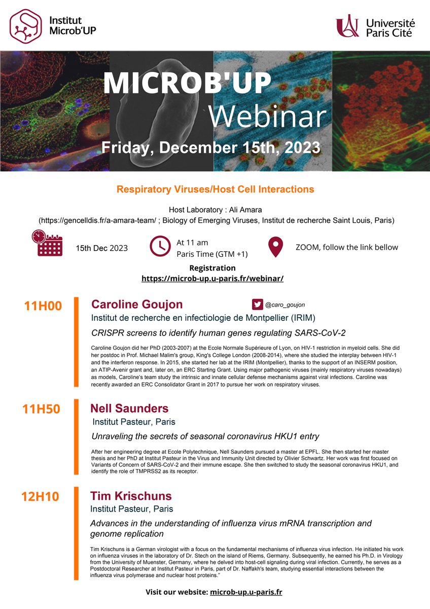 Microb'Up (@microbup) on Twitter photo This is next week !!!
Do not miss our webinar on Respiratory Viruses/Host Cell Interactions
⏰Dec 15, 11:00 am (Paris Time)
📷microb-up.u-paris.fr/webinar/
Very excited to hear about coronavirus and influenza virus.
@amara_lab <a href="/caro_goujon/">Caroline Goujon, PhD</a> <a href="/SaundersNell1/">Saunders Nell</a> <a href="/Virus_Immunity/">Olivier Schwartz Lab</a> <a href="/krischuns/">Tim Krischuns</a> This is next week !!!
Do not miss our webinar on Respiratory Viruses/Host Cell Interactions
⏰Dec 15, 11:00 am (Paris Time)
📷microb-up.u-paris.fr/webinar/
Very excited to hear about coronavirus and influenza virus.
@amara_lab <a href="/caro_goujon/">Caroline Goujon, PhD</a> <a href="/SaundersNell1/">Saunders Nell</a> <a href="/Virus_Immunity/">Olivier Schwartz Lab</a> <a href="/krischuns/">Tim Krischuns</a>