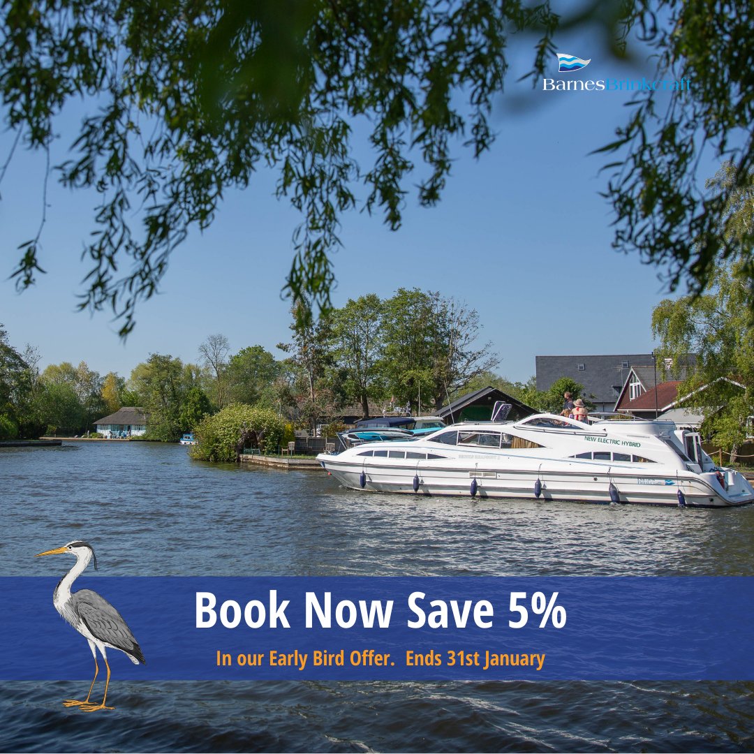 Our Early Bird Sale has launched!!!  Book Now and you'll Save 5% on your dream Norfolk Broads holiday.
Offer ends on the 31st January 2024, so get in quick.
#NorfolkBroads #Norwich #BoatingHolidays #HolidayCottages #BoatHire #VisitTheBroads #ShortBreaks #DogFriendlyHolidays