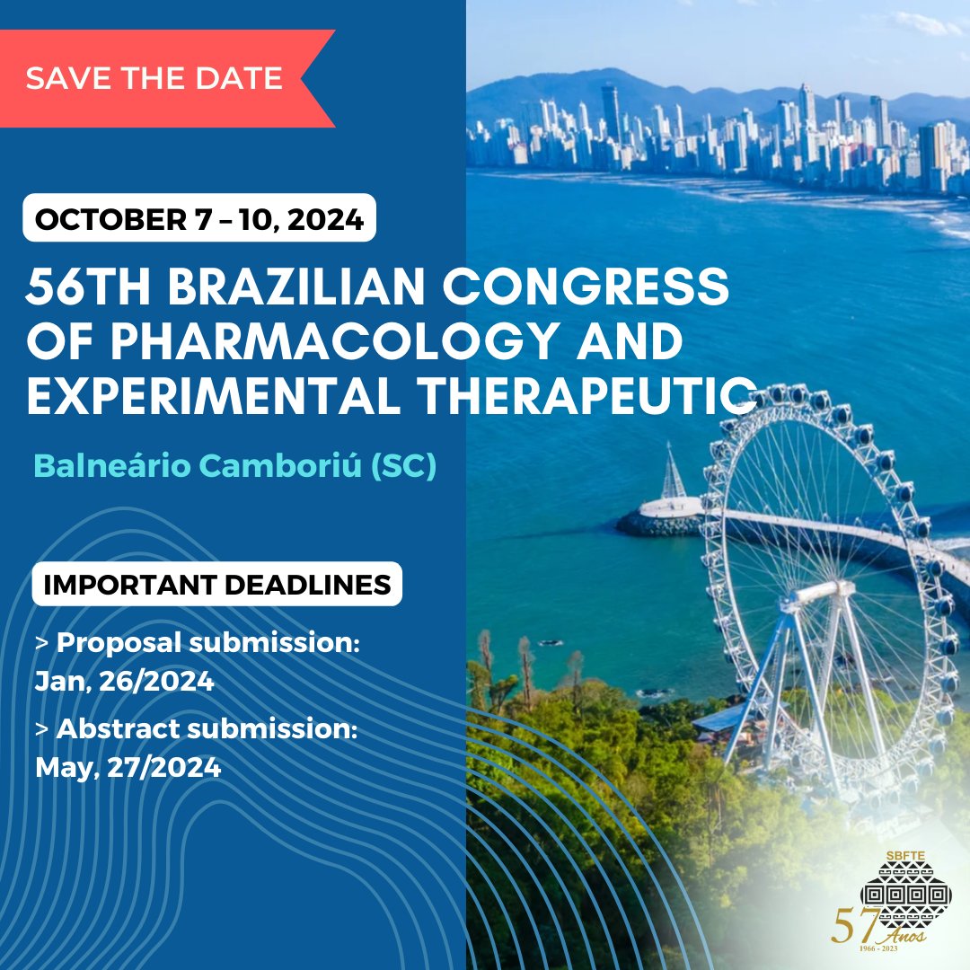 O 56º Congresso Brasileiro de Farmacologia e Terapêutica Experimental tem data e local confirmados! O evento será realizado em Balneário Camboriú, Santa Catarina, entre os dias 7 e 10 de outubro de 2024.

> Mais em: sbfte.org.br/save-the-date-…