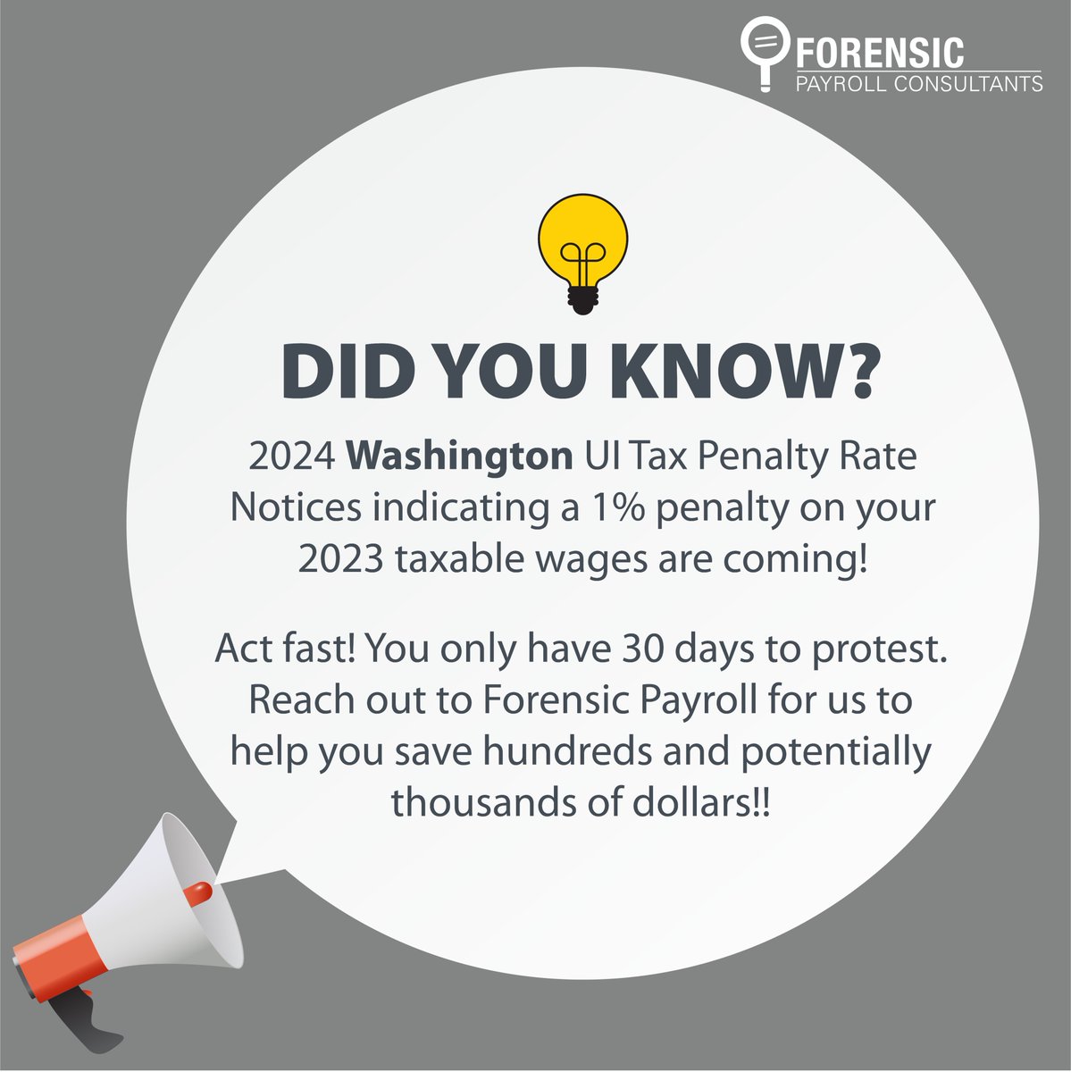 🚨 Washington Employers!

You have 30 days to protest the assigned penalty rate of 1%. If you spot a penalty rate, reach out to Forensic Payroll for help!⏳

#PayrollTax #Washington #AskFPC #Unemploymenttaxes #PayrollCompliance  #UnemploymentTaxAppeal #UITaxPenalty #PayrollExpert