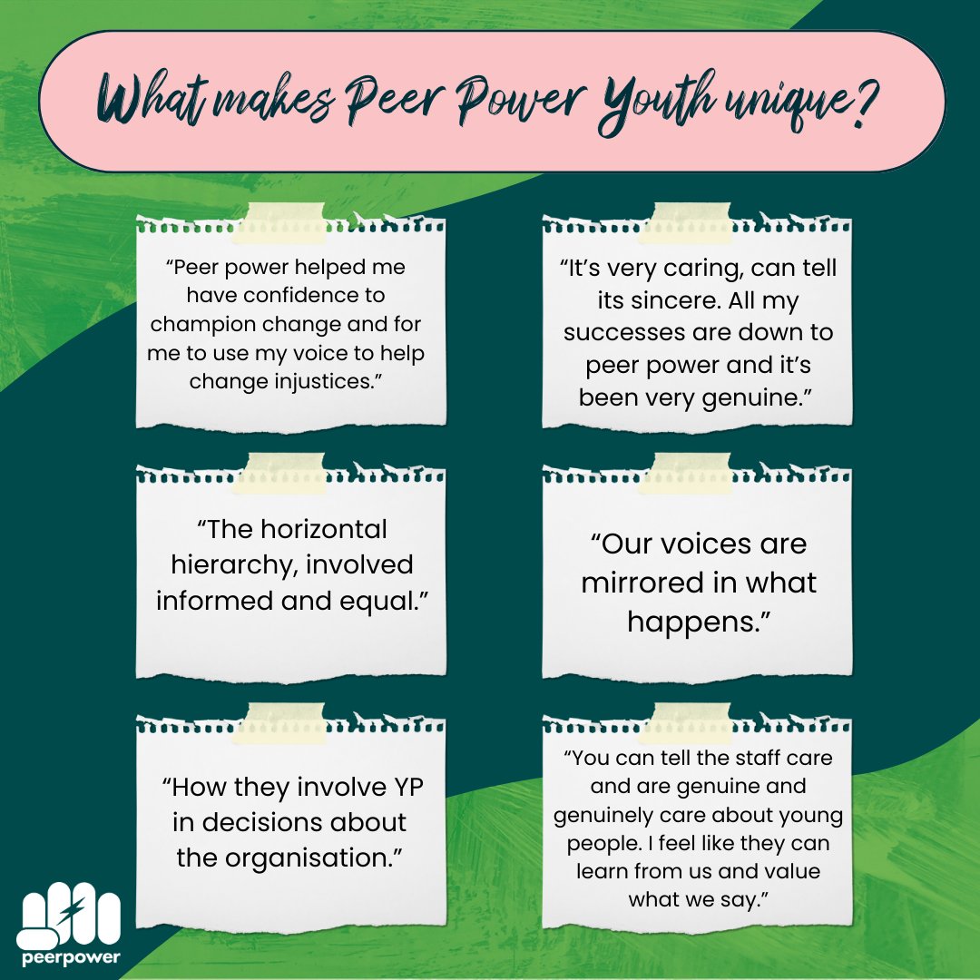 Peer Power Youth uses co-production to elevate youth voice and include Young Partners in decision making 🙌 These quotes from Young Partners express how Peer Power Youth is unique in it's partnership to create positive change in the services that support young people 💚