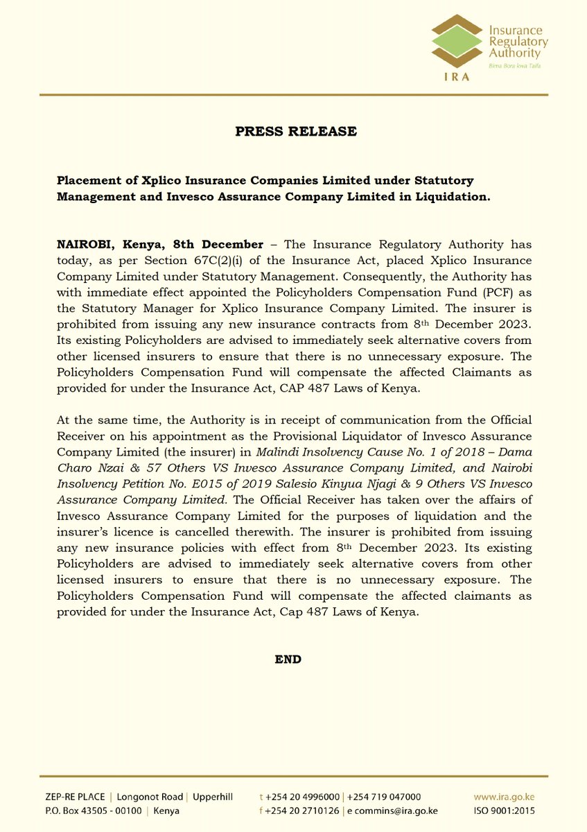 ira_kenya's tweet photo. PRESS RELEASE: Xplico Insurance Company Ltd placed under Statutory Management as Official Receiver takes over the affairs of Invesco Assurance Company Limited for the purposes of liquidation. https://t.co/ALArtBNfqY