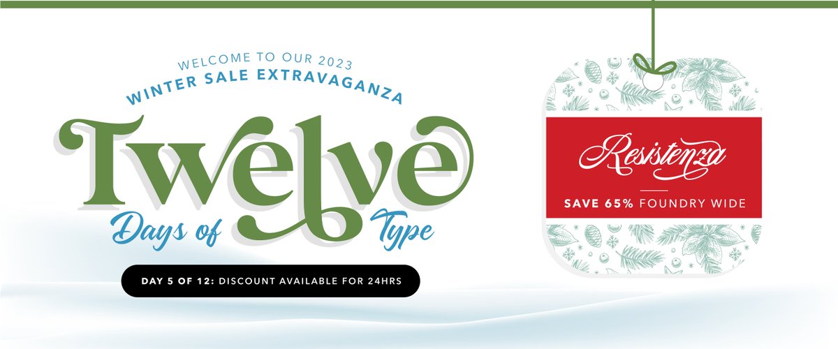 On the fifth day of 12 Days of Type, MyFonts gave to me.. 🎶

65% off ALL Resistenza fonts! TODAY ONLY get unbeatable prices on hot fonts like Lettera, Liquida, and Modern Love. 

Shop now: mntype.co/480DzRJ