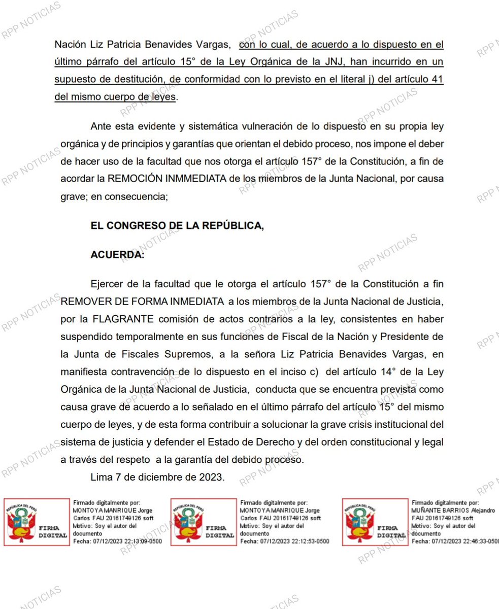 #LOULTIMO Congresista Alejandro Muñante (@AlejoMunante) presenta moción para remover de forma inmediata a los miembros de la Junta Nacional de Justicia por haber suspendido a la Fiscal de la Nación Patricia Benavides @RPPNoticias