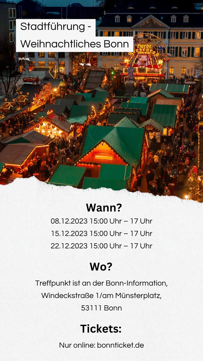 RegionBonn's tweet photo. 🎄⭐Erlebe den Weihnachtszauber in #Bonn mit diesen #Weihnachtsführungen🎄⭐:

1️⃣ „Weihnachtliches Bonn“: Festliche #Stadttour durch Weihnachtsmarkt und Münster. https://t.co/vuY8NGFAGP

 2️⃣„Advents Führung“: Über Weihnachtsbräuche und mit Kostproben.
https://t.co/5VzdaKUB3v https://t.co/a9ipZCmqiT