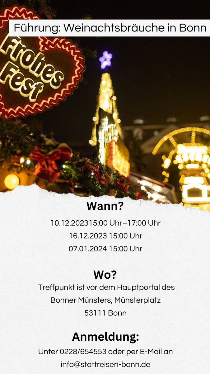 🎄⭐Erlebe den Weihnachtszauber in #Bonn mit diesen #Weihnachtsführungen🎄⭐:

1️⃣ „Weihnachtliches Bonn“: Festliche #Stadttour durch Weihnachtsmarkt und Münster. bonn.de/veranstaltungs…

 2️⃣„Advents Führung“: Über Weihnachtsbräuche und mit Kostproben.
bonn.de/veranstaltungs…