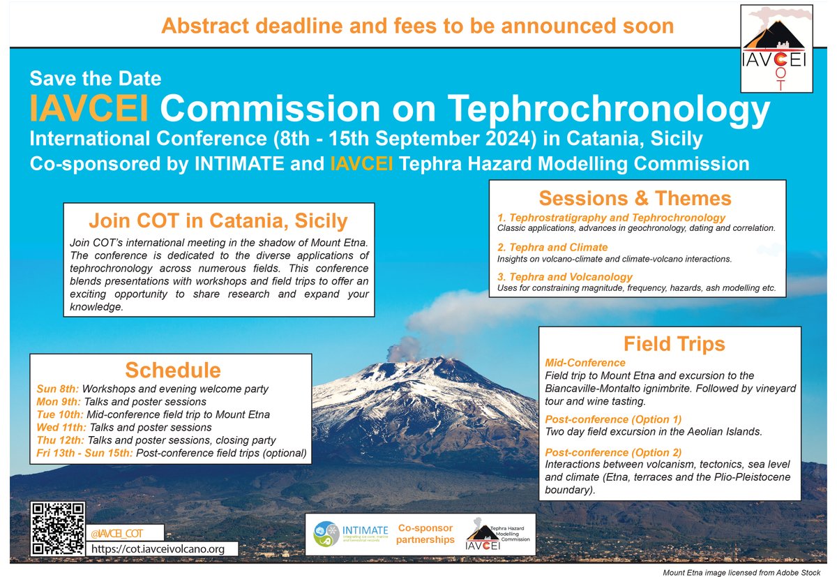 Attention Tephra Lovers! Interested in volcanoes, eruptive histories and palaeoclimate? Join us for our next international meeting, along with our friends at INTIMATE and the Tephra Hazard Modelling commission. @IAVCEI_thm @INT_I_MA_TE_Net. Save the Date 8-15th September 2024!