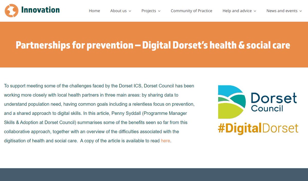 Have a look at the #DorsetInnovationHub website & read new article by @PennySyddall @DorsetCouncilUK on the way partnerships have been used to support digital approaches to prevention. Great read including some insightful comments & reflections. ourdorset.org.uk/innovation/pro…