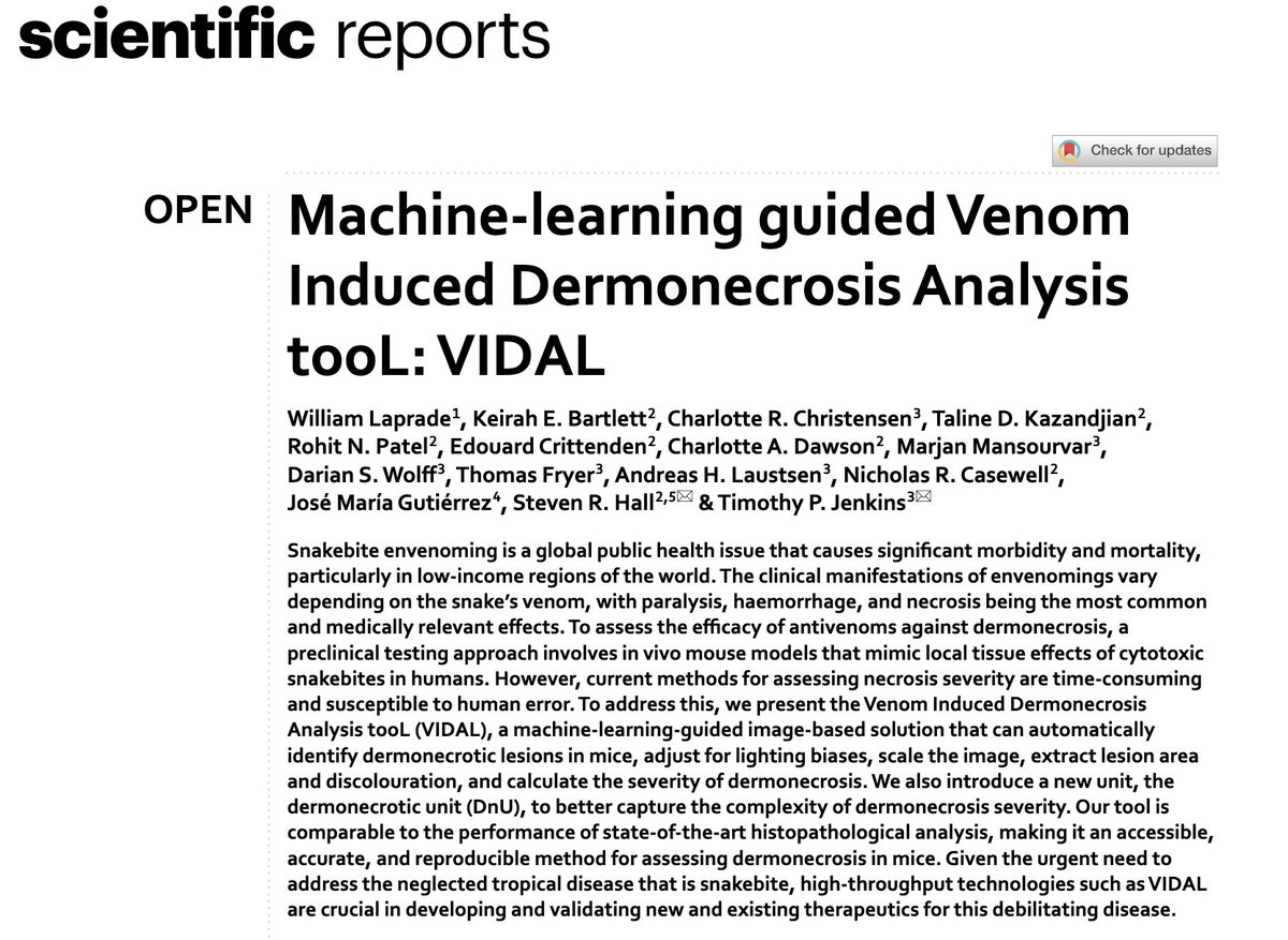 🐍 Exciting News in the Field of #Snakebite Research and image #AI 📷 I am thrilled to announce the publication of our latest research in #ScientificReports: 'Machine-learning guided Venom-Induced Dermonecrosis Analysis tooL: VIDAL'.  Article:

shorturl.at/qDGTY