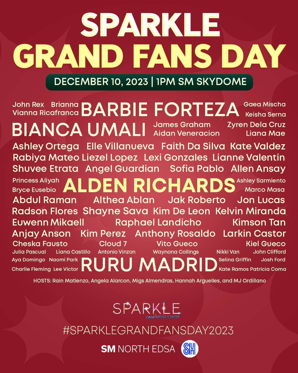 Sparkle_GMA's tweet photo. Ang una mong makita na pangalan, makakasama mo sa #SparkleGrandFansDay2023 😉❤️

LOOK: The line-up reveal for the this year’s Sparkle Grand Fans Day 2023 ✨

We’re thrilled to bring you an unforgettable show with your favorite Sparkle stars 🫶🏻 https://t.co/YGwU73b7Ox