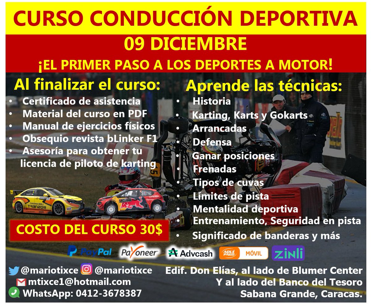 mariotixce's tweet photo. #08dic #Caracas participa en el #curso de Conducción Deportiva este 9 de diciembre, aprende técnicas de manejo, se un verdadero profesional, contáctanos! #karting #f1 #automovilismo #Motorsport #autosport #deportes #Speed #Training #tendencias #cursos #venezuela #VIDEOS #ccs https://t.co/r8lo9t9FxI