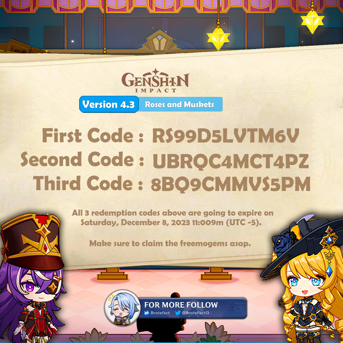 BruteFact13's tweet photo. Redeem Codes for 4.3 Livestream: 
Code 1: RS99D5LVTM6V 
Code 2: UBRQC4MCT4PZ 
Code 3: 8BQ9CMMVS5PM  

Direct Links- 
Code 1: https://t.co/N6b8kQJwrk 
Code 2: https://t.co/m8ffFO6MbN 
Code 3: https://t.co/Ajy9lQvmt2

#原神 #GenshinImpact #Genshin #navia https://t.co/Cfb09D1HzY
