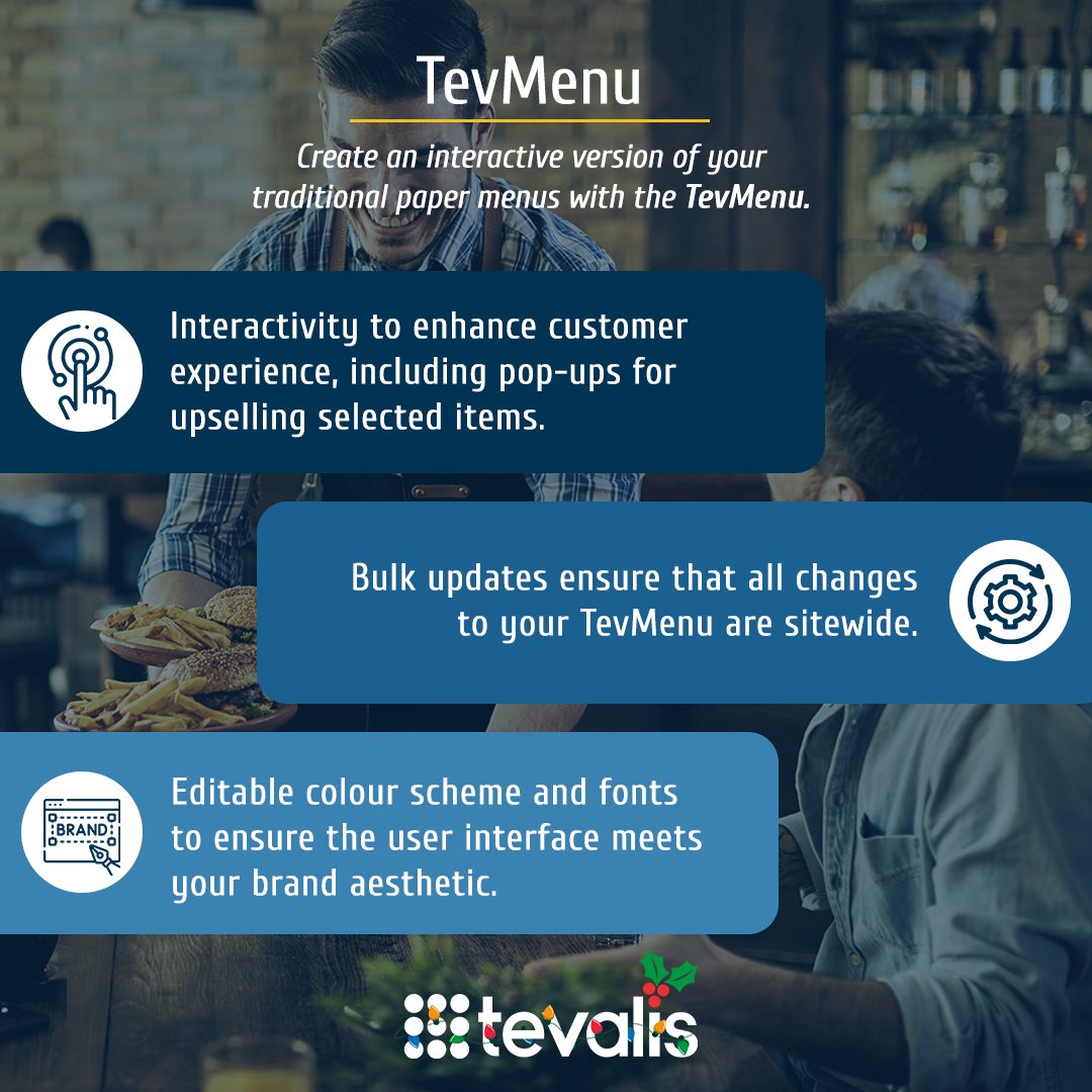Christmas set menus with Tevalis - in minutes! 🎄

Interactive and engaging, TevMenu will increase efficiency, accuracy, profitability and productivity amongst FOH teams.

Learn more: website.tevalis.com/digital-emenu/

#HospitalitySystem #Epos #TevMenu #DigitalMenu #Christmas