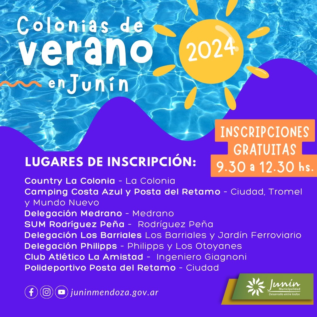 MuniJuninMdz's tweet photo. A partir del lunes 11 de diciembre, la Subsecretaría de Deportes de Junín iniciará las inscripciones para las Colonias de Verano 2024, destina a niños nacidos entre 2011 y 2018 y con discapacidad. 
Para más información: https://t.co/Oe7PZNmxBS https://t.co/Wv3y44ZBhT