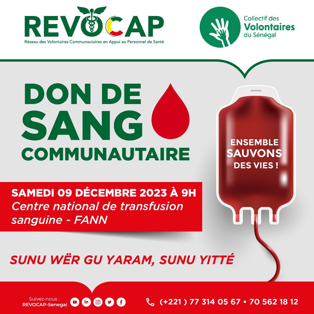 Nos amis volontaire de <a href="/REVOCAP/">REVOCAP-Sénégal</a> et leurs partenaires organisent demain samedi une Journée de Don de Sang au Centre national de transfusion sanguine (CNTS) de Fann. Venez nombreux donner un peu de vous et sauver des VIES #Kebetu