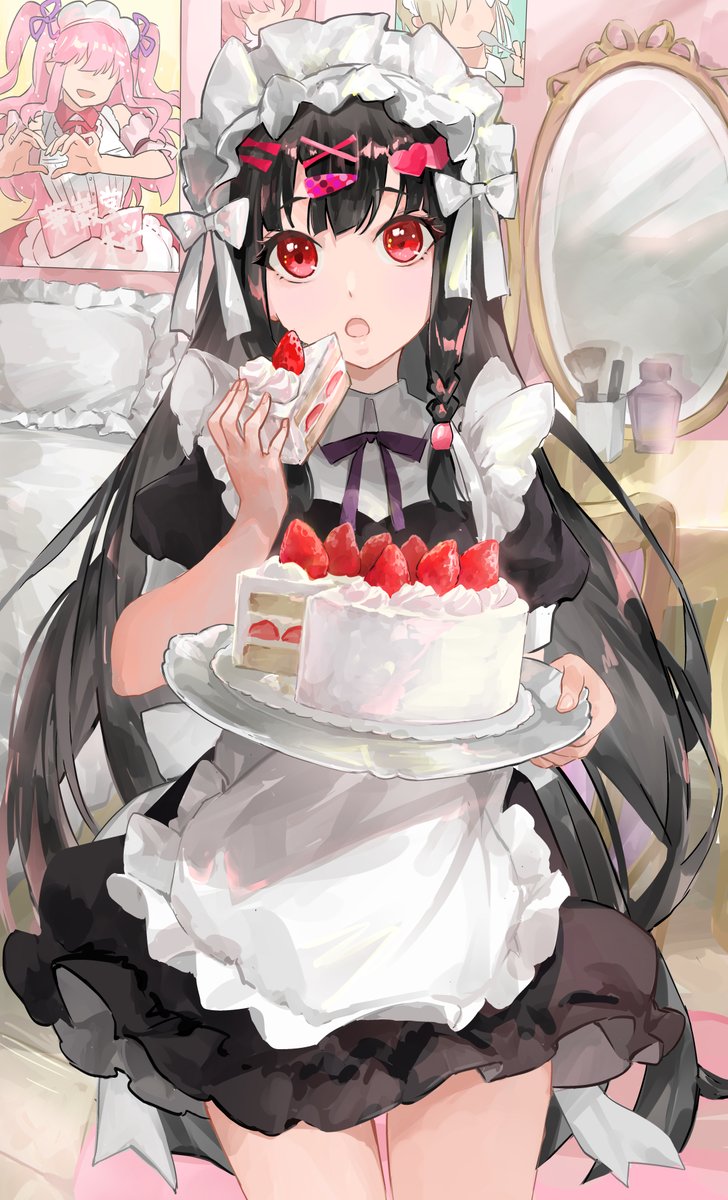 cake food black hair hair ornament strawberry maid long hair  illustration images