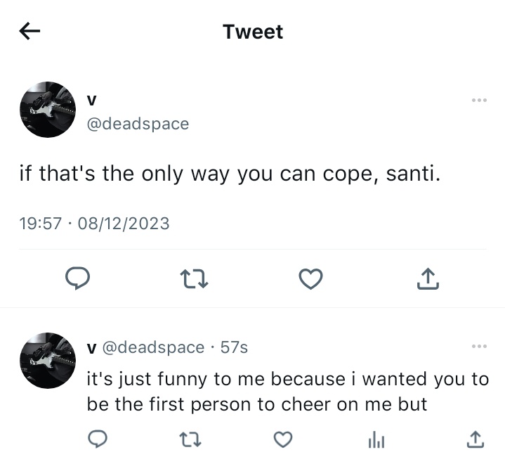 i loathe you
 — a #hajeongwoo mini filo au 

wherein santi miguel owns a fan account, a space to spread hate towards voice of melody's guitarist, vaugn cole.

it happens they are exes who are still living under the same roof.