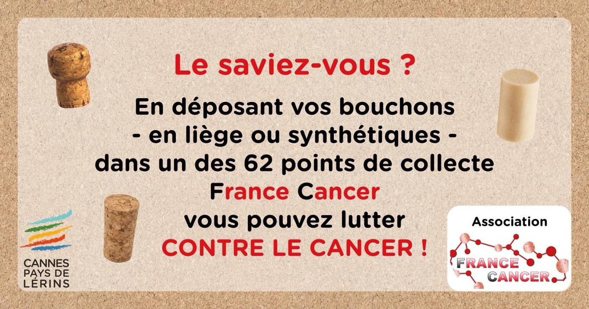 CACPLOfficiel's tweet photo. ♻️ L’Agglo renouvelle son partenariat avec #FranceCancer, via la récupération/tri des bouchons de siège et synthétiques.
🍾 1/4 des bouchons récupérés en France l’ont été sur le territoire #CannesLérins.
❇️ Les recettes de cette vente sont reversées à @Insermpacacorse et @CNRS. https://t.co/SxVOVbypW3