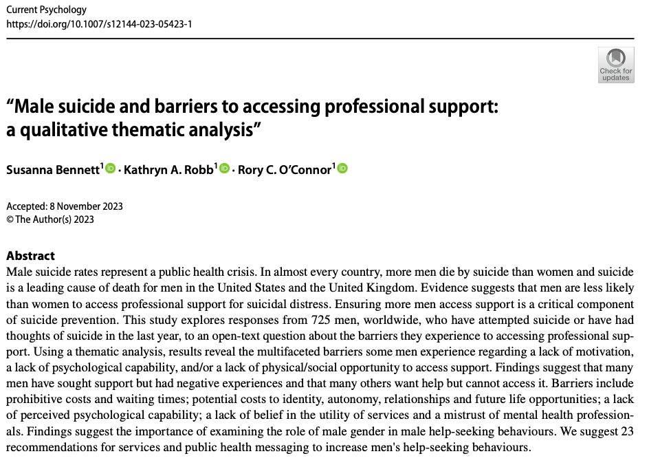 🆕Latest from @susie_research with @Katie_Robb_Glas on male suicide-using @SusanMichie's behaviour change wheel, we propose 23 recommendations for services & public health messaging to increase men's help-seeking/support - which will help to save lives 🔗link.springer.com/article/10.100…