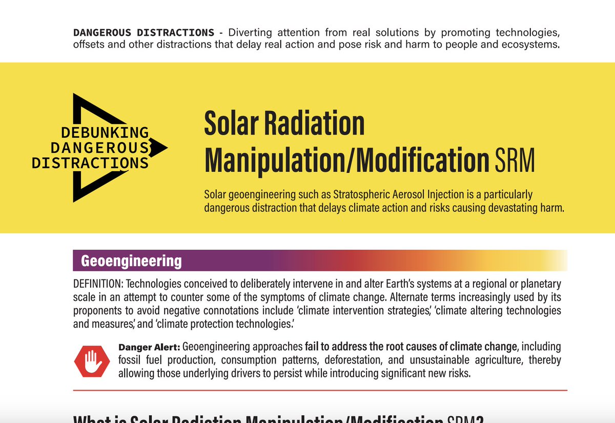 ciel_tweets's tweet image. ⚠️ Together with @CANIntl, we're debunking #DangerousDistractions at #COP28.

This factsheet explains the real risks of #SolarRadiationModification #SRM. ☀️

👀 Check it out: bit.ly/3uJNYCZ