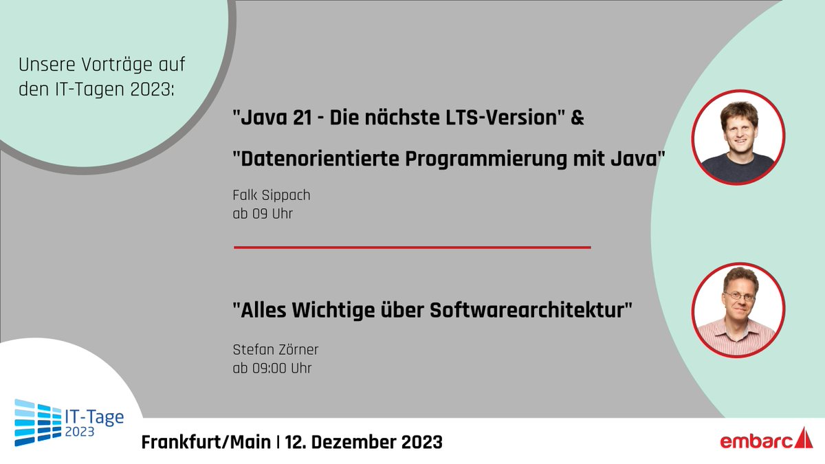 embarced's tweet photo. 🔜 ⚙️🏛 Auf den IT-Tagen präsentiert @StefanZoerner seine Sicht auf zeitgemäße #Softwarearchitektur! ☕️ Außerdem berichtet @sippack über #Javas neuste Entwicklungen und die Möglichkeit objekt- und datenorientierte #Programmierung zu vereinen:
➡️ 🔗 https://t.co/NQ1dpAXTig
#ittage https://t.co/dXWYEikBDD