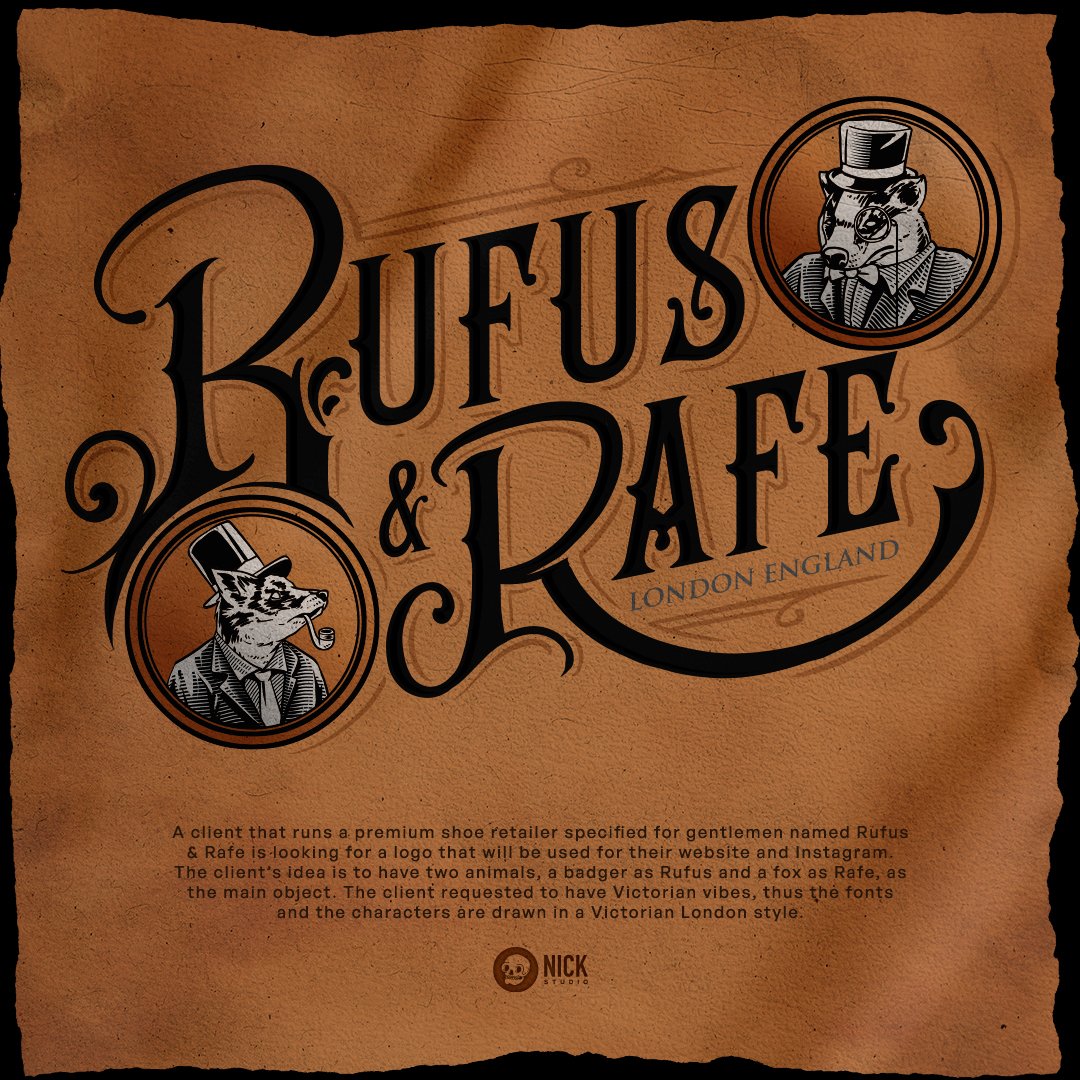 nickstudio_'s tweet photo. Ornate typography is known for its Victorian-style theme.

Rufus and Rafe logo made on Adobe Illustrator.
If I didn't put the description, can you guess what business this logo belongs to? https://t.co/6qkrh3385Y