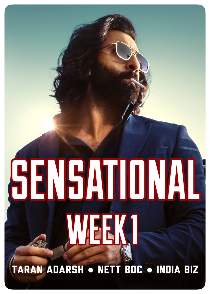 taran_adarsh's tweet photo. #Animal is SENSATIONAL… Packs an EXTRAORDINARY TOTAL in Week 1…
⭐️ Third biggest *7 days* of all time.
⭐️ Biggest *7-day* total for a film released on non-holiday.
⭐️ Biggest *7-day* total for a film that faced a clash with another film.
⭐️ Highest grossing ‘A’ certified film.

#Animal Fri 54.75 cr, Sat 58.37 cr, Sun 63.46 cr, Mon 40.06 cr, Tue 34.02 cr, Wed 27.80 cr, Thu 22.35 cr. Total: ₹ 300.81 cr. #Hindi version. Nett BOC. #Boxoffice

#Jawan vs #Pathaan vs #Animal vs #Gadar2… First 7 days…
⭐️ #Jawan: ₹ 327.88 cr [Thu - Wed]
⭐️ #Pathaan: ₹ 318.50 cr [Wed to Tue]
⭐️ #Animal: ₹ 300.81 cr [Fri - Thu]
⭐️ #Gadar2: ₹ 284.63 cr [Fri - Thu]
#India biz. Nett BOC. #Hindi version.

#Animal [South Indian languages] Fri 9.05 cr, Sat 8.90 cr, Sun 7.23 cr, Mon 4.41 cr, Tue 3.80 cr, Wed 2.65 cr, Thu 1.78 cr. Total: ₹ 37.82 cr. Nett BOC. #Boxoffice

ALL LANGUAGES TOTAL: ₹ 338.63 cr Nett BOC.
#AnimalTheFilm