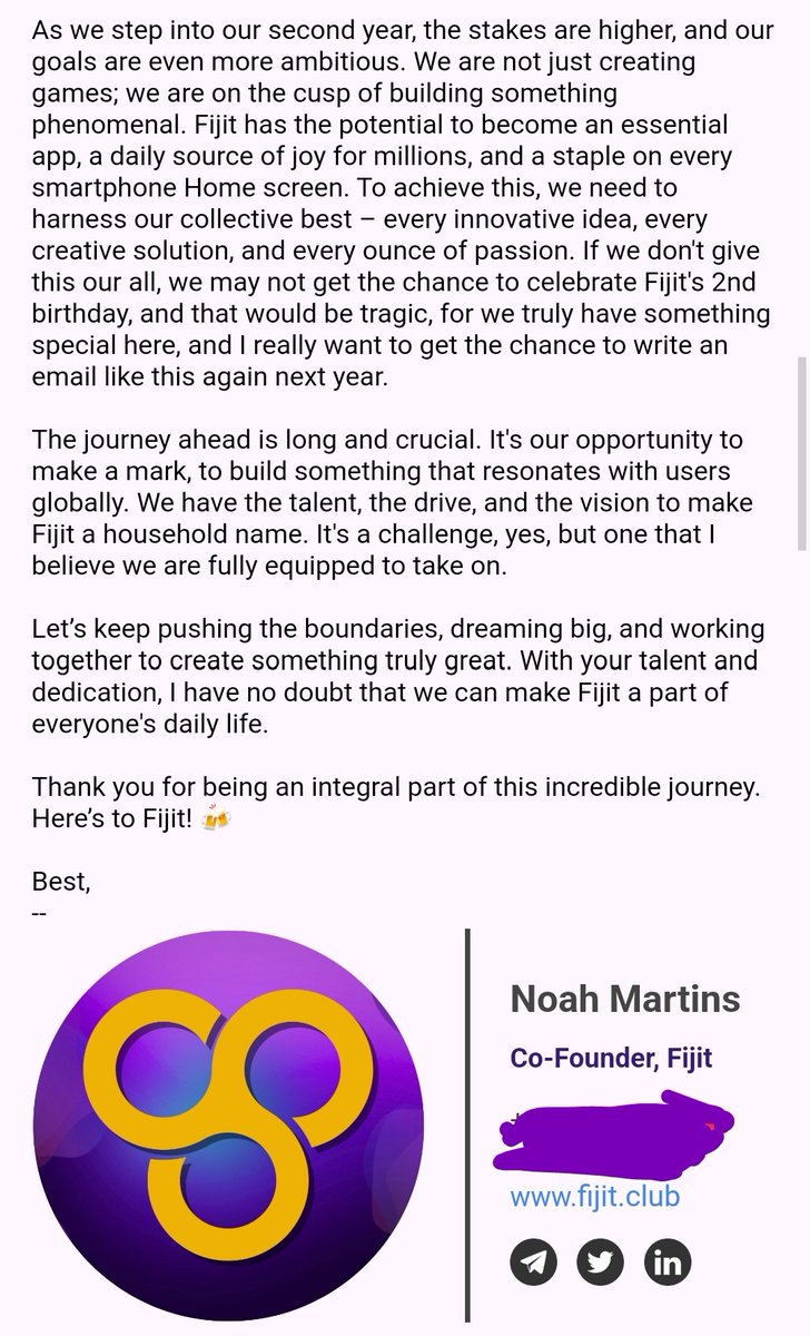 Today marks 1 year since we incorporated <a href="/fijit_club/">Fijit Arcade 👾</a> 🥳

Not gonna share my "Top 5 Learnings", though there have been many. The internet is full of advice from wiser people who have achieved more. 

But I will share a letter that I wrote to the team, from the heart ❤️✉️