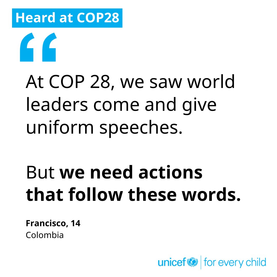 Re-emphasizing the right of every child to a clean, healthy, and sustainable environment as outlined in the General Comment 26, 14-year-old Francisco from Colombia called on leaders to put children's rights and needs at the centre of their discussions at #COP28.
